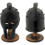 India Made Mini Gladiator Helmet With Stand - Black Finish On Wooden Base Display by India Made
