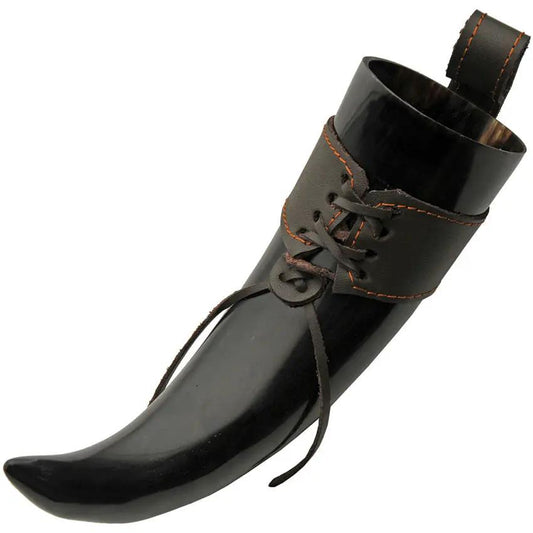 India Made Viking Horn - 10 Inch Black Horn With Leather Belt Holder And Loop Boxed by India Made