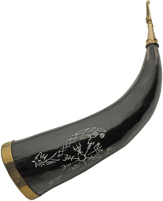 Pakistan Viking Compass Horn Engraved Drinking Horn With Brass Accents For Collectors And Norse History Enthusiasts by Pakistan