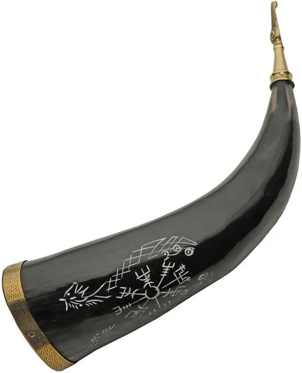 Pakistan Viking Compass Horn Engraved Drinking Horn With Brass Accents For Collectors And Norse History Enthusiasts by Pakistan