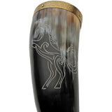 Pakistan Stallion Buffalo Horn Drinking Horn With Engraved Stallion Motif And Brass Accents For Horse Lovers by Pakistan