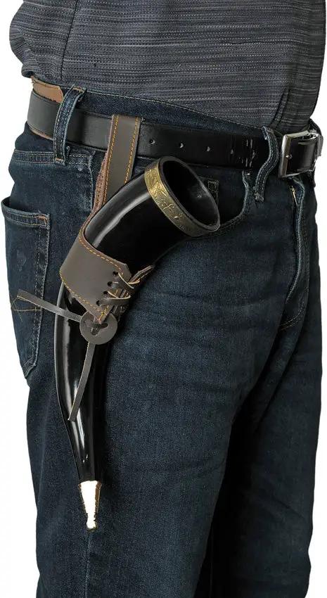 India Made Fancy Viking Horn - Brass Rim And Tip 12 To 14 Inch Overall Leather Frog With Belt Loop by India Made