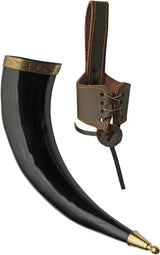 India Made Fancy Viking Horn - Brass Rim And Tip 12 To 14 Inch Overall Leather Frog With Belt Loop by India Made