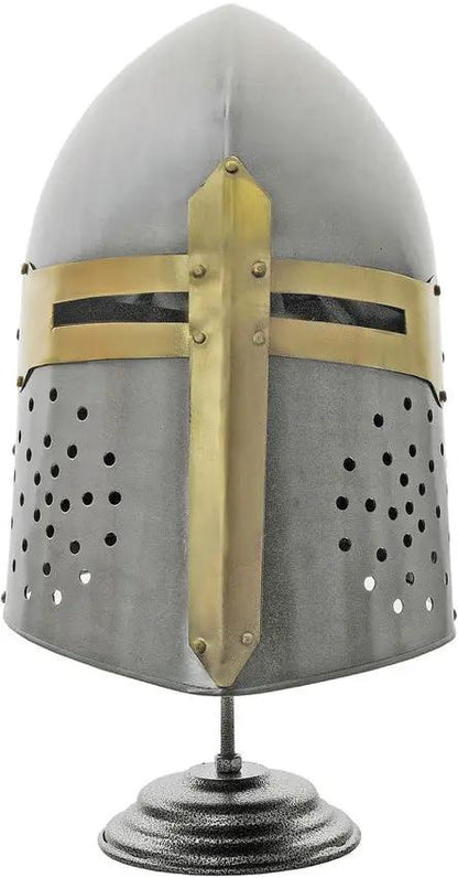 Decorative Crusader Helmet Carbon Steel With Leather Liner Brass Outer Detailing Display Stand For Collectors by Pakistan