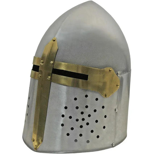 Decorative Crusader Helmet Carbon Steel With Leather Liner Brass Outer Detailing Display Stand For Collectors by Pakistan