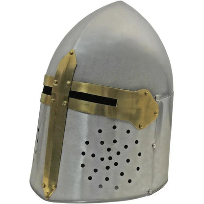 Decorative Crusader Helmet Carbon Steel With Leather Liner Brass Outer Detailing Display Stand For Collectors by Pakistan