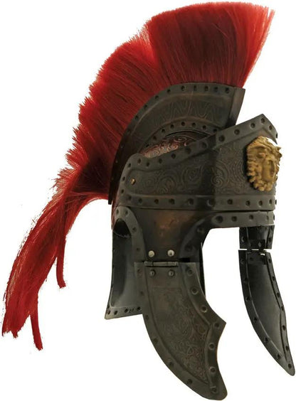 India Made Roman Queens Guard Helmet - Brass Finish 20 Gauge Steel Construction With Adjustable Leather Liner Red Plume by India Made