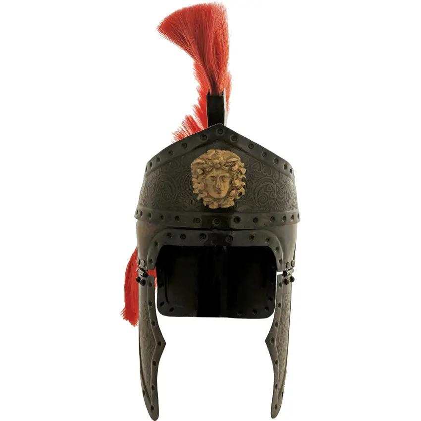 India Made Roman Queens Guard Helmet - Brass Finish 20 Gauge Steel Construction With Adjustable Leather Liner Red Plume by India Made