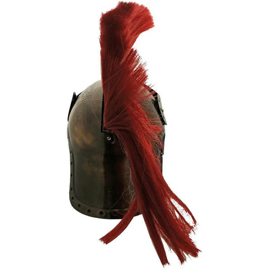 India Made Roman Queens Guard Helmet - Brass Finish 20 Gauge Steel Construction With Adjustable Leather Liner Red Plume by India Made
