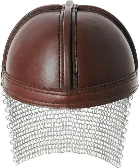India Made Leather Norman Chain Helmet 911000 - Top Grain Leather With Chain Mail Neck Cover And Chin Strap by India Made