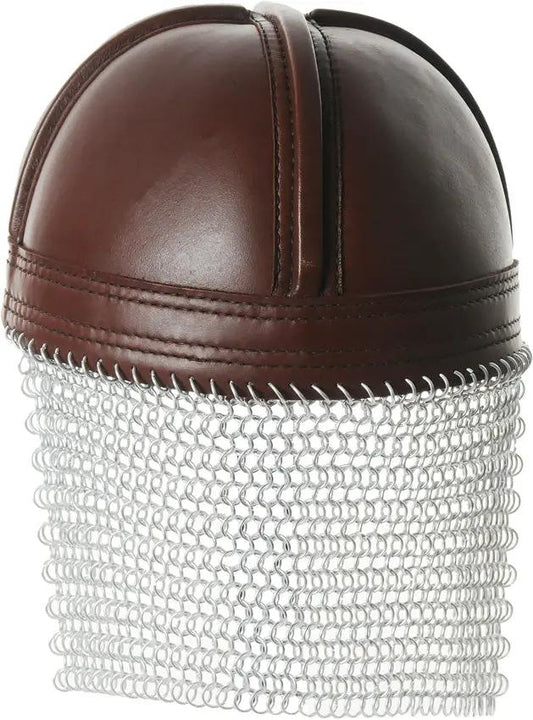 India Made Leather Norman Chain Helmet 911000 - Top Grain Leather With Chain Mail Neck Cover And Chin Strap by India Made