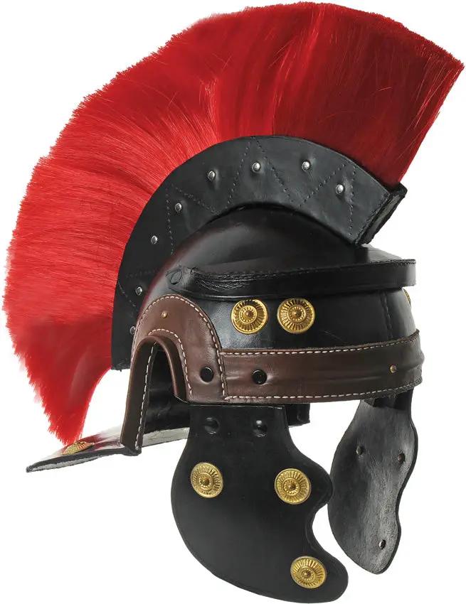 India Made Leather Roman Centurion Helmet With Red Plume Mohawk Style Ear Guard Chin Strap by India Made