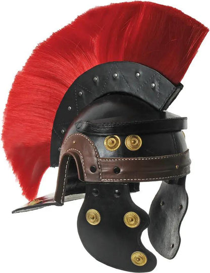 India Made Leather Roman Centurion Helmet With Red Plume Mohawk Style Ear Guard Chin Strap by India Made