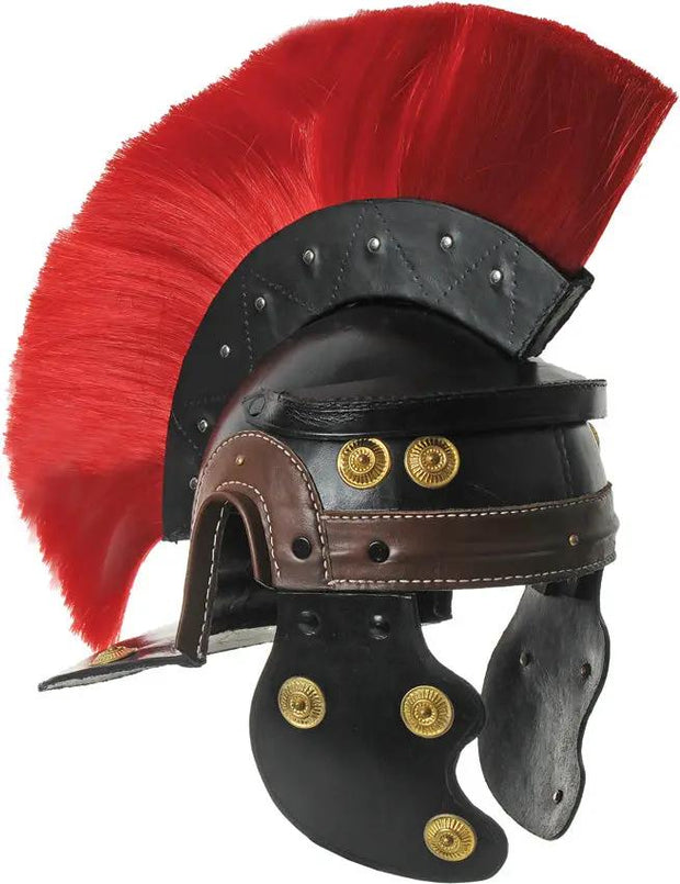 India Made Leather Roman Centurion Helmet With Red Plume Mohawk Style Ear Guard Chin Strap by India Made