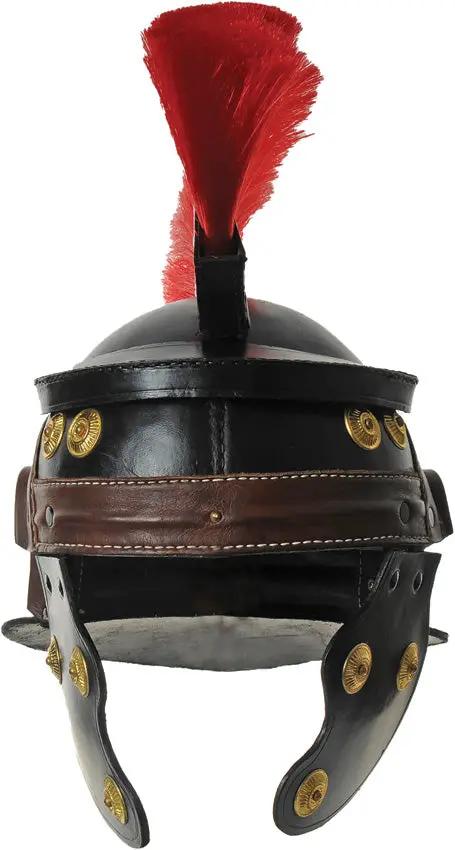 India Made Leather Roman Centurion Helmet With Red Plume Mohawk Style Ear Guard Chin Strap by India Made