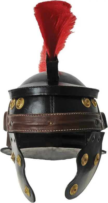 India Made Leather Roman Centurion Helmet With Red Plume Mohawk Style Ear Guard Chin Strap by India Made