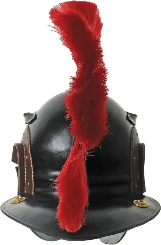 India Made Leather Roman Centurion Helmet With Red Plume Mohawk Style Ear Guard Chin Strap by India Made