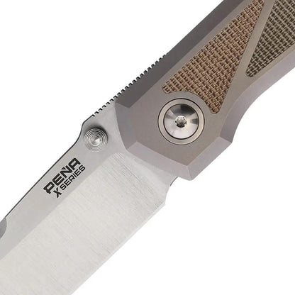 Pena Knives Mula Framelock SF Green Brown Micarta - Satin M390 Blade Gray Titanium Handle With Inlays by Pena Knives