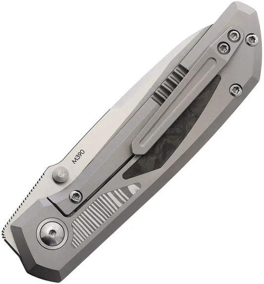 Pena Knives Mula Framelock SF Camo Dama - Satin Bohler M390 Blade With Gray Titanium Handle And Damasteel Inlays by Pena Knives