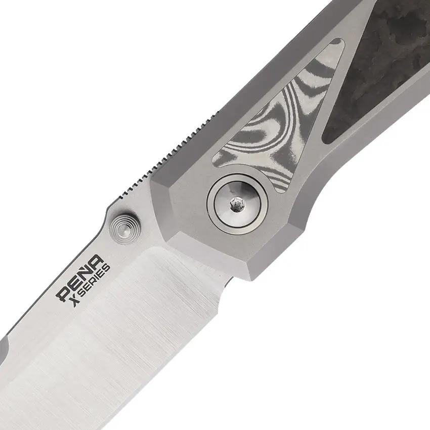 Pena Knives Mula Framelock SF Camo Dama - Satin Bohler M390 Blade With Gray Titanium Handle And Damasteel Inlays by Pena Knives