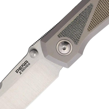 Pena Knives Mula Framelock SF Green Black Micarta Inlays - Bohler M390 Satin Sheepsfoot Blade, Gray Titanium Handle by Pena Knives