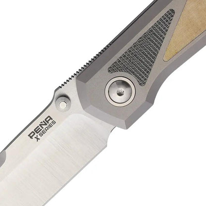 Pena Knives Mula Framelock DP - White And Black Micarta Inlays Satin M390 Drop Point Blade Gray Titanium Handle by Pena Knives