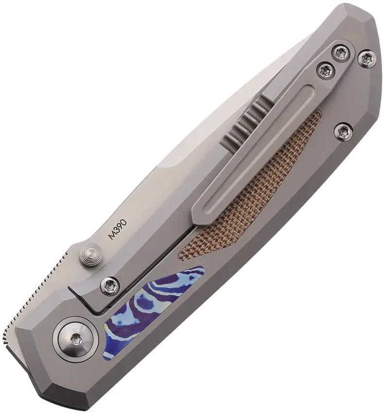 Pena Knives Mula Framelock DP Micarta Mokuti - Bohler M390 Drop Point Blade, Gray Titanium Handle with Micarta Inlays by Pena Knives