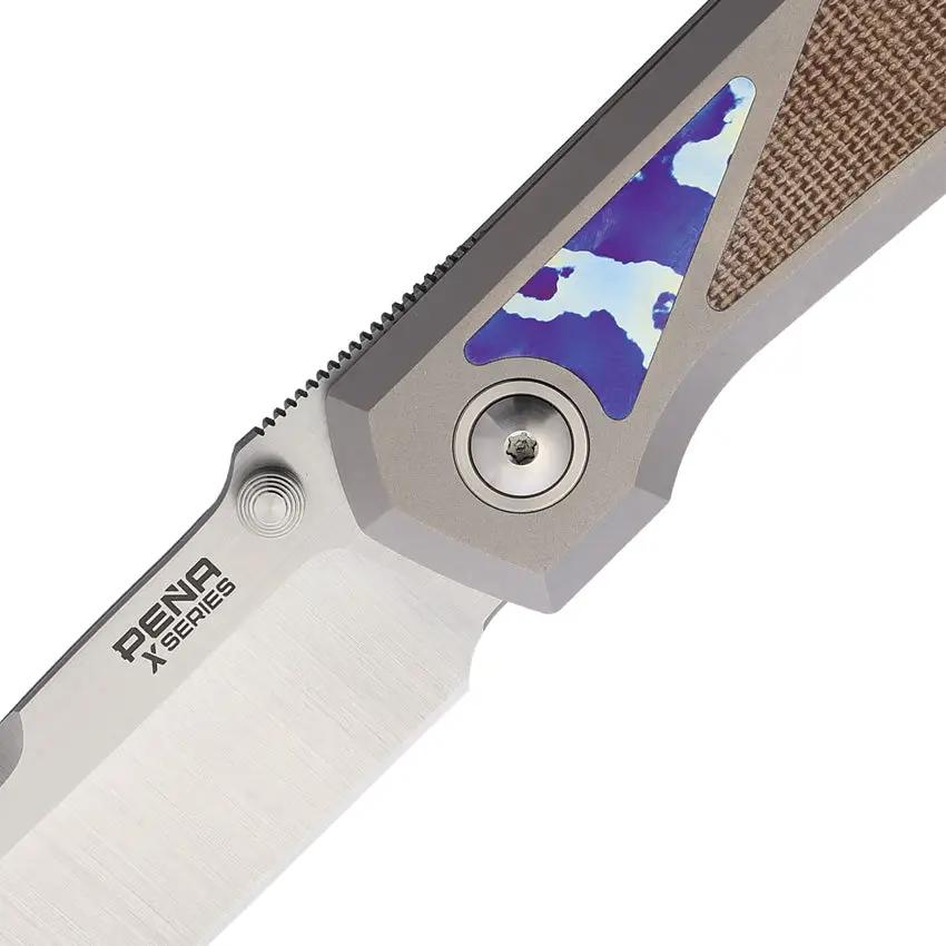 Pena Knives Mula Framelock DP Micarta Mokuti - Bohler M390 Drop Point Blade, Gray Titanium Handle with Micarta Inlays by Pena Knives