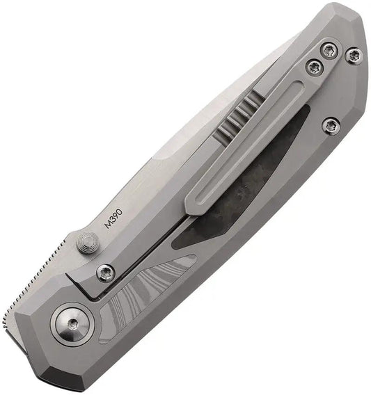 Pena Knives Mula Framelock Camouflage Fat Carbon Fiber Damasteel Inlays - Bohler M390 Satin Drop Point by Pena Knives