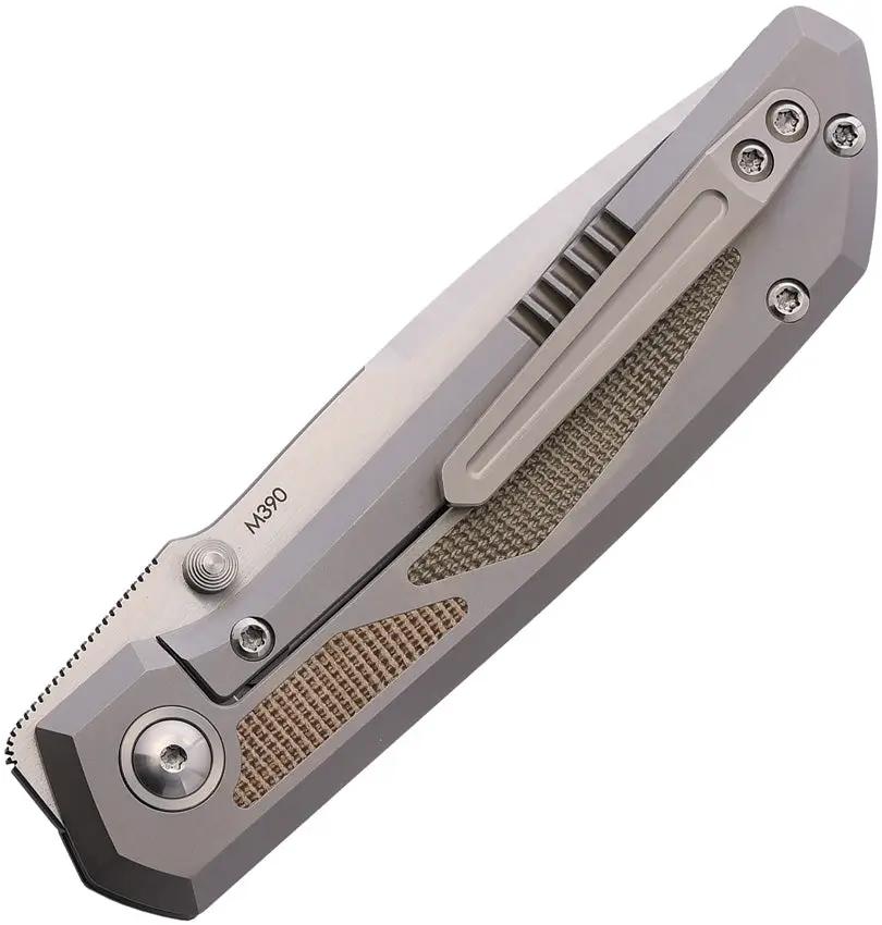 Pena Knives Mula Framelock Green Brown Micarta - Precision M390 Satin Drop Point Blade Gray Titanium Handle by Pena Knives