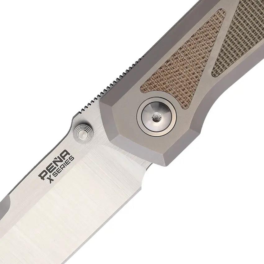 Pena Knives Mula Framelock Green Brown Micarta - Precision M390 Satin Drop Point Blade Gray Titanium Handle by Pena Knives