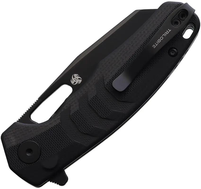 Petrified Fish Trilobite Button Lock Folding Knife - 3 Inch Premium Reverse Tanto Blade with Black G10 Handle by Petrified Fish