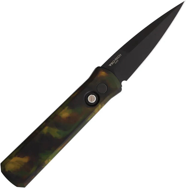 Pro Tech Godson Button Lock Auto Knife Automatic Opening Elite Left Handed Woodland Camouflage Aluminum by Pro Tech