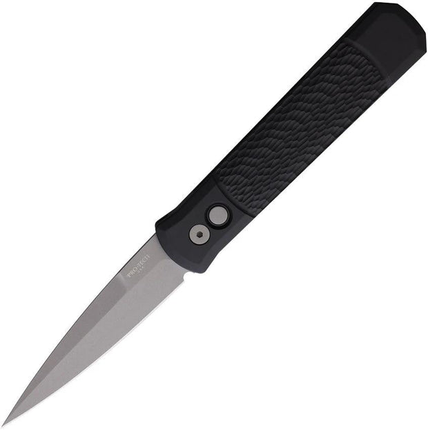 Pro Tech Auto Godfather Button Lock Knife Black DLC 154CM Spear Point 4In Blade Battleworn Aluminum Handle For EDC by Pro Tech