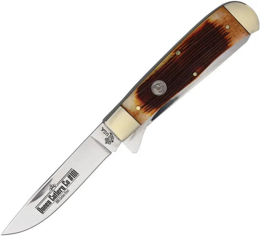 Queen Linerlock Amber Winter Knife - 4.38 Inch Closed, Amber Jigged Bone Handle, 1095HC Steel Clip and Spey Blades by Queen