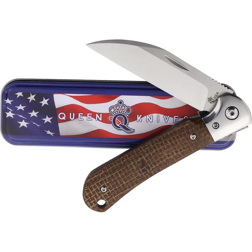 Queen Pattern 84 Folder - Brown Micarta Handle With Satin M390 Wharncliffe Blade Gift Tin by Queen