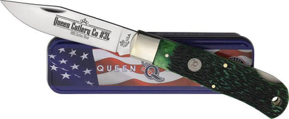 Queen Lockback Green Jigged Bone QGPSB106 - Mirror Finish Stainless Clip Blade 4.5 Inch Closed by Queen