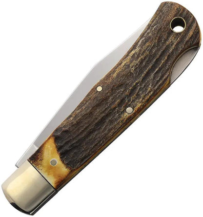 Queen Lockback Burnt Stag Horn QGSH106 - 4.5 Inch Closed Knife With Satin 1095HC Blade Lanyard Hole by Queen