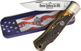 Queen Lockback Burnt Stag Horn QGSH106 - 4.5 Inch Closed Knife With Satin 1095HC Blade Lanyard Hole by Queen