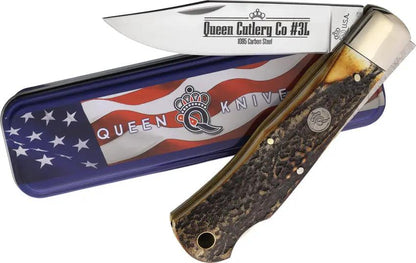 Queen Lockback Burnt Stag Horn QGSH106 - 4.5 Inch Closed Knife With Satin 1095HC Blade Lanyard Hole by Queen