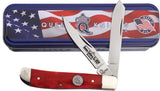 Queen Mini Trapper Red Smooth Bone Handle 3.5 Inch Closed With Mirror Stainless Clip And Spey Blades Gift Tin by Queen