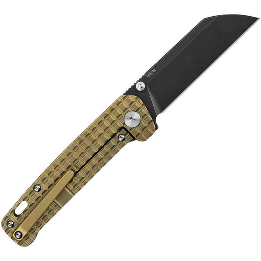 QSP Penguin Framelock Knife - Bronze Titanium Frag Pattern Handle with 3-Inch 154CM Black Stonewash Blade EDC by QSP Knife