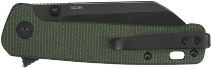 QSP Penguin Button Lock Knife - Slim 4 Inch Closed, 3 Inch 14C28N Blade, Green Canvas Micarta Handle, EDC Clip by QSP Knife
