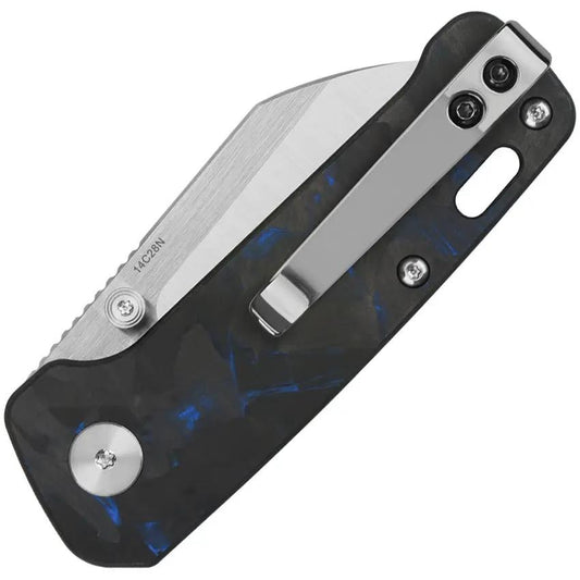 QSP Mini Penguin Folding Knife Linerlock Black G10 With Blue Shredded Carbon Fiber Onlay - 2.25 Inch Satin Blade EDC by QSP Knife