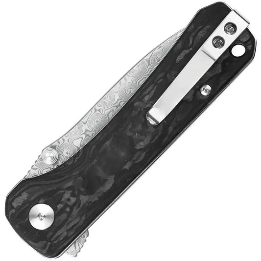 QSP Hawk Linerlock Knife Damascus Blade - Rugged Shredded Carbon Fiber Handle For EDC by QSP Knife