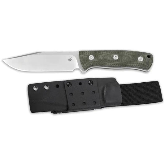 QSP Bison Fixed Blade Knife - D2 Satin Clip Point 4.5 Inch Full Tang Green Linen Micarta Kydex Sheath by QSP Knife