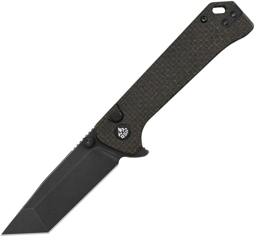 QSP Grebe T Button Lock Knife With 3In Black Stonewash 14C28N Tanto Blade Rich Brown Micarta Handle EDC by QSP Knife