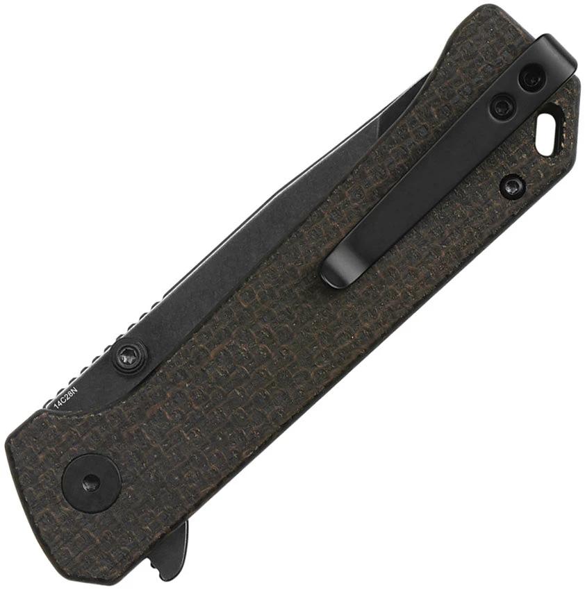 QSP Grebe T Button Lock Knife With 3In Black Stonewash 14C28N Tanto Blade Rich Brown Micarta Handle EDC by QSP Knife
