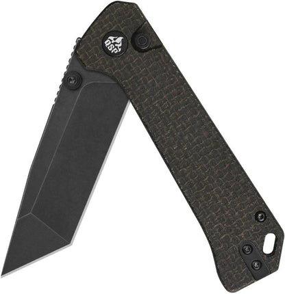 QSP Grebe T Button Lock Knife With 3In Black Stonewash 14C28N Tanto Blade Rich Brown Micarta Handle EDC by QSP Knife