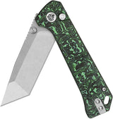 QSP Grebe T Button Lock Folding Knife - Green Carbon Fiber Handle, S35VN Tanto, EDC One Handed 3 Inch Blade by QSP Knife